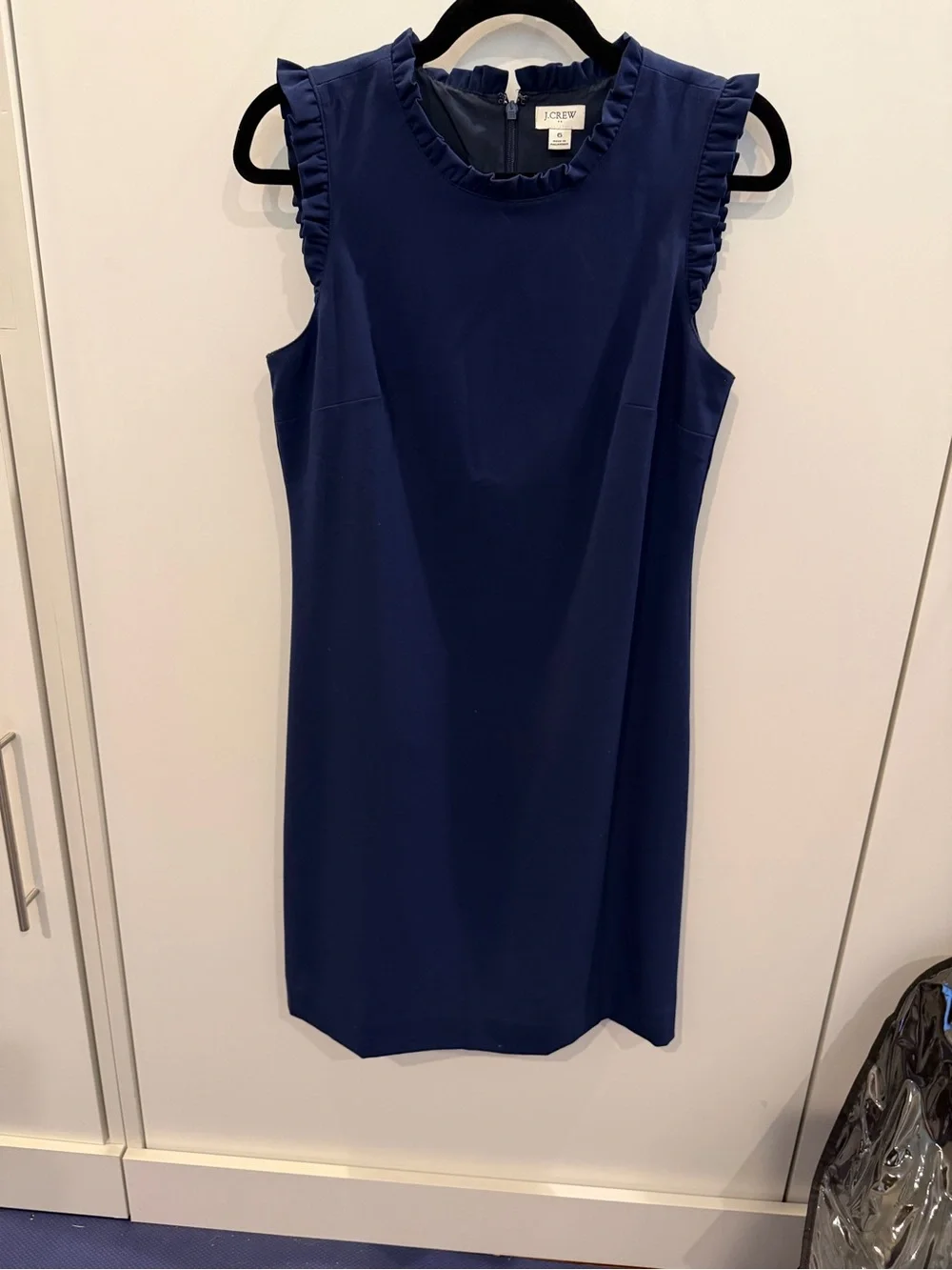 J. Crew Navy Sleeveless Shift Dress with Ruffle Trim